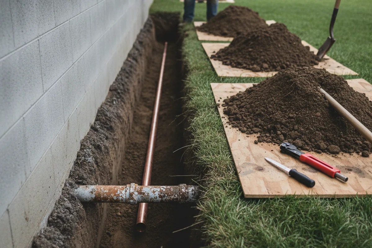 Excavated water line trench during Sewer Line Repair in Lathrop